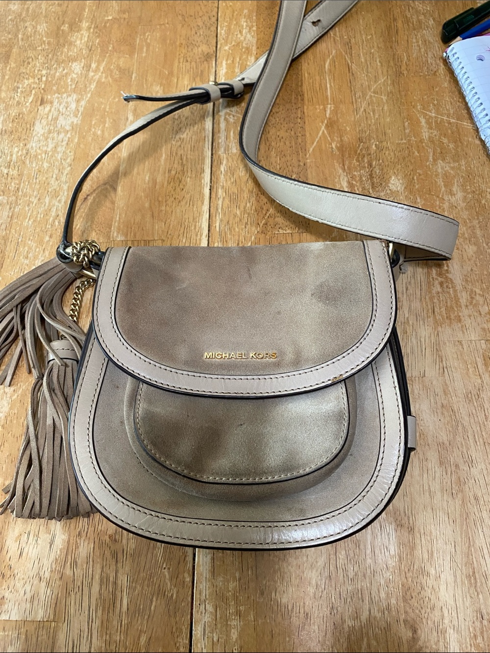Michael Kors Taupe Beige Saddle Crossbody Bag with Tassel